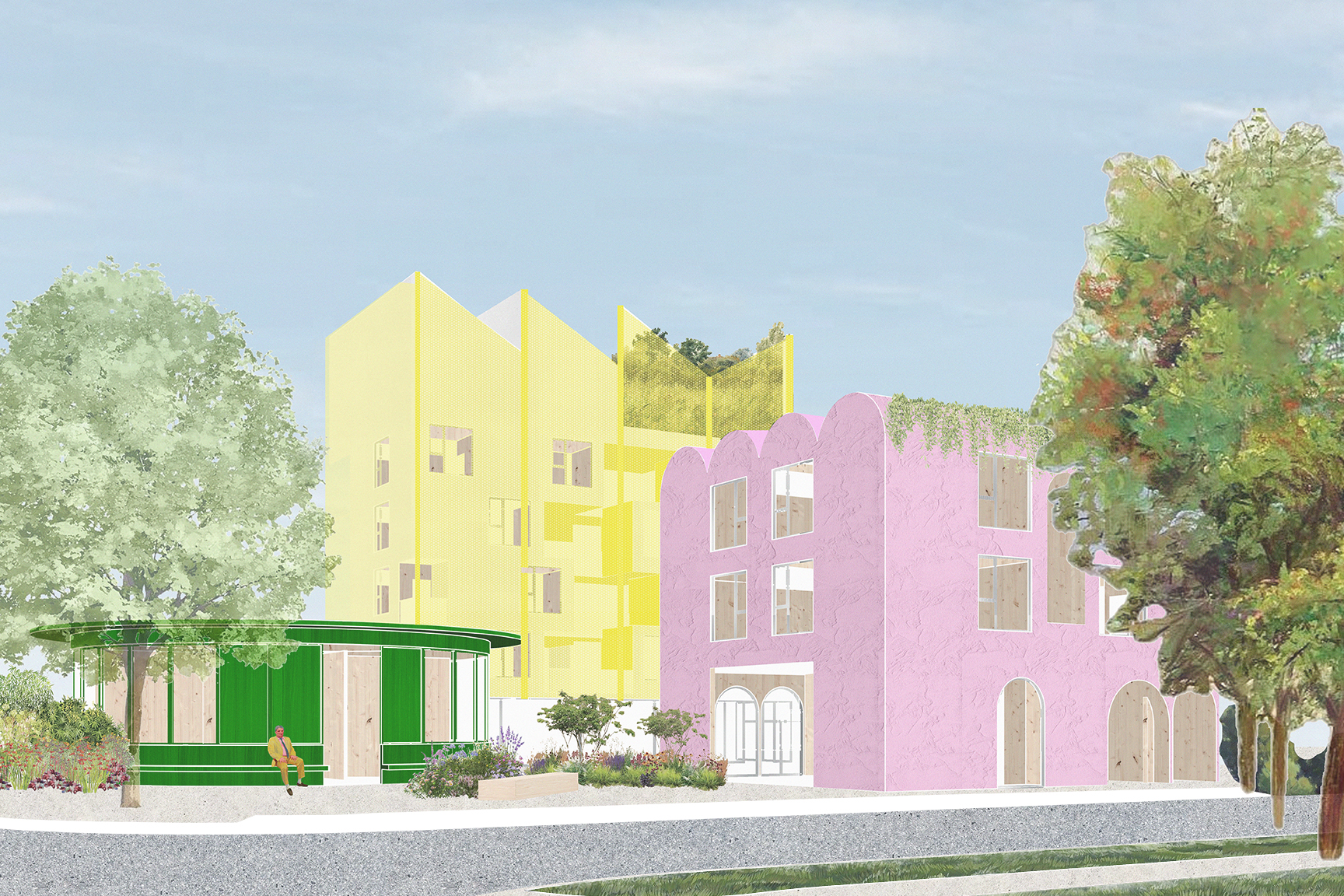 Communal kitchen and housing massing view