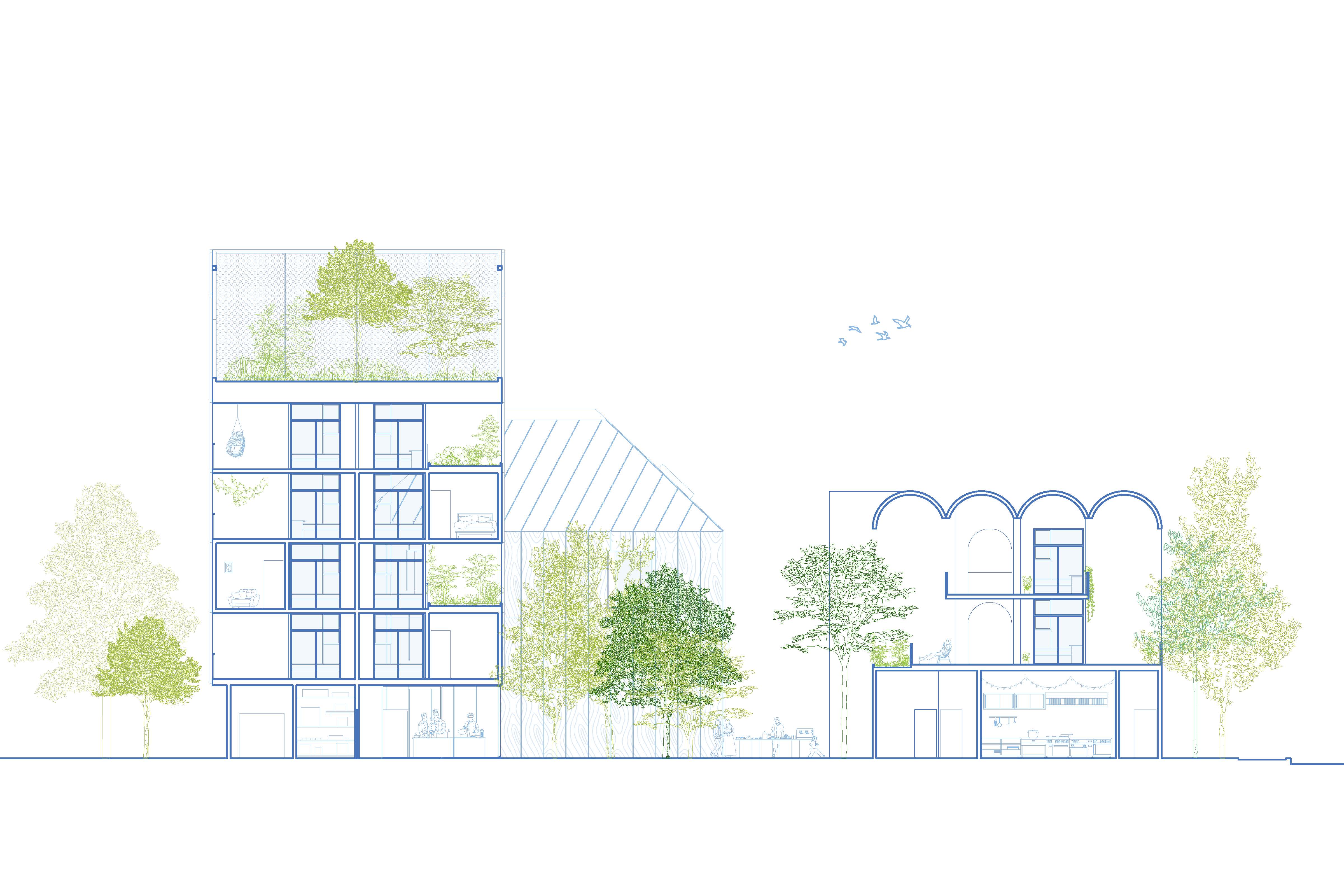 Roofscape with gardens and outdoor kitchens