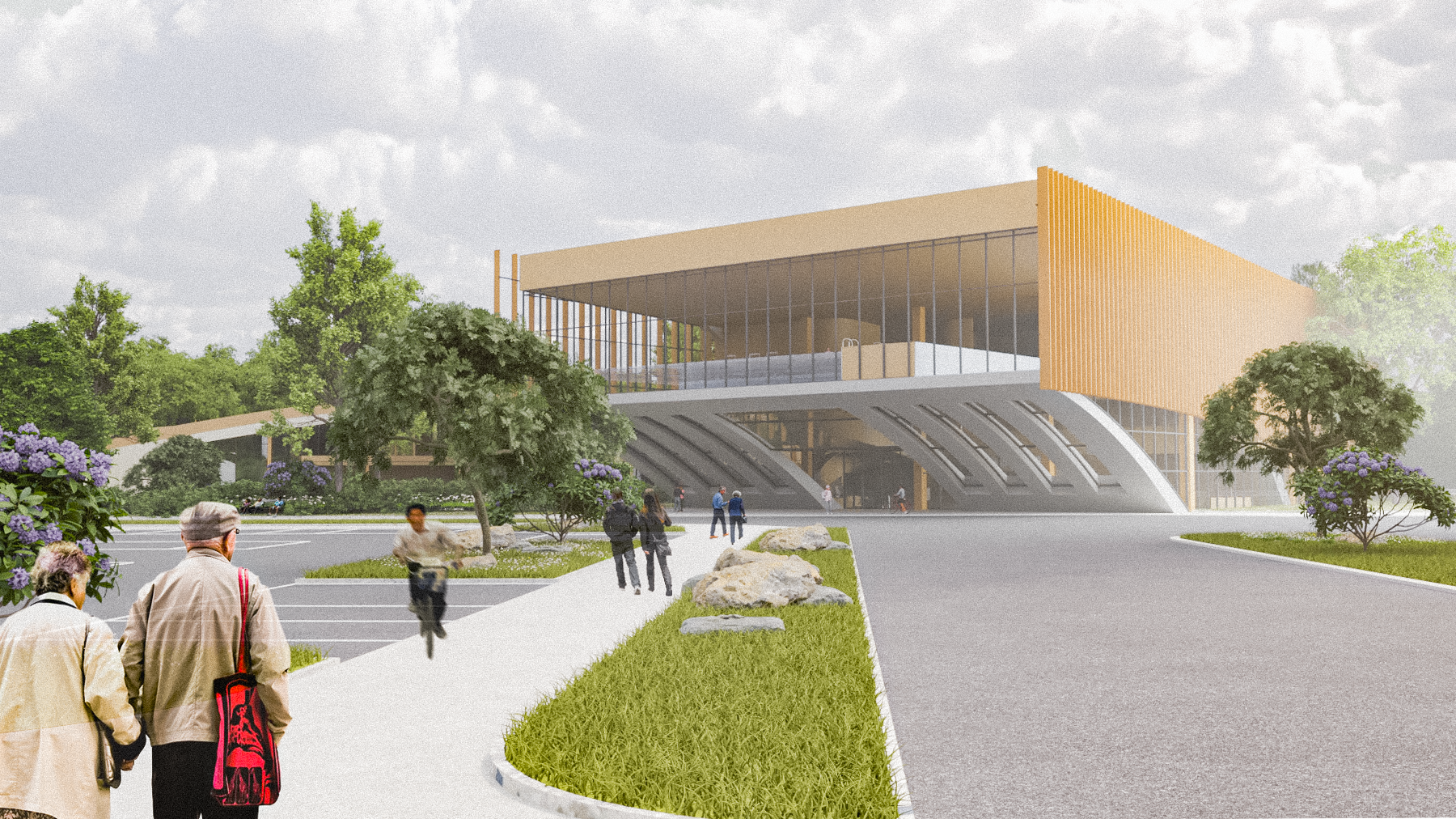 Communal kitchen and housing massing view